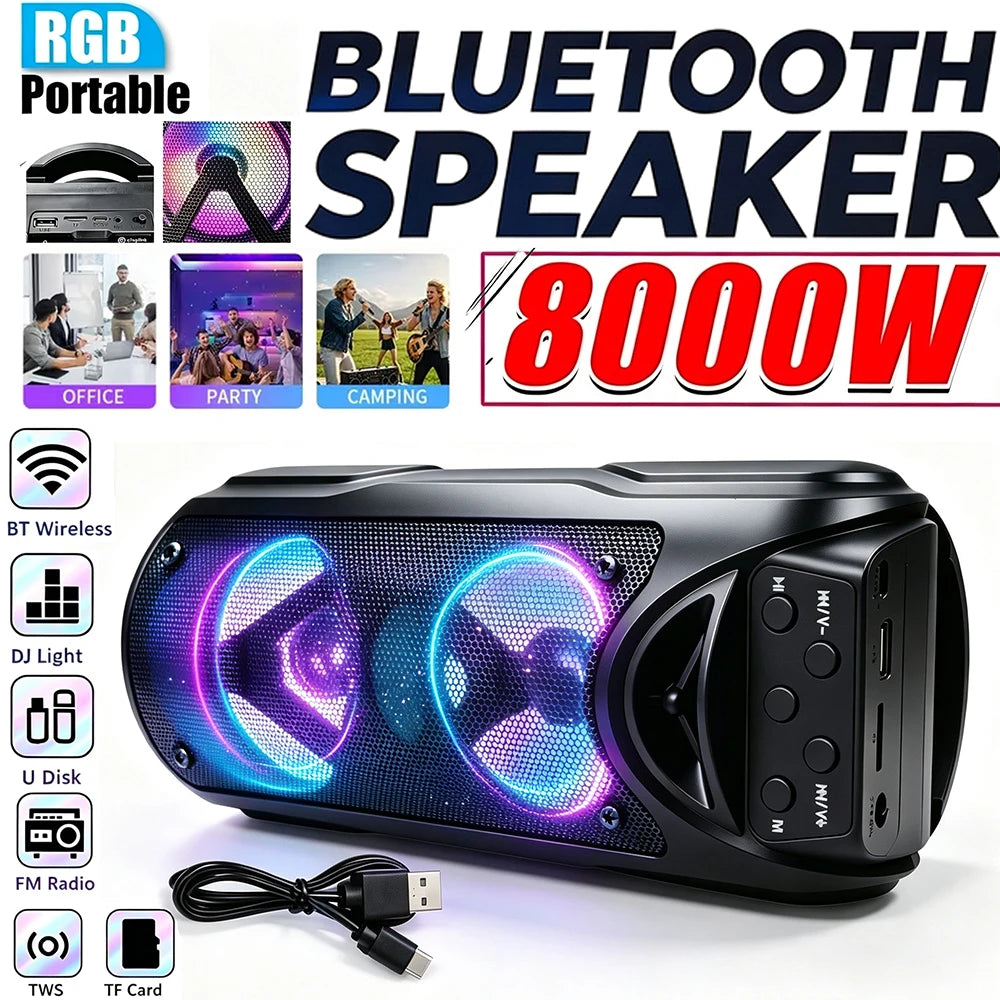 Portable Bluetooth Speaker with Multi-Color LED Lights, TF Card, USB-C & FM Radio — Party & Outdoor Speaker