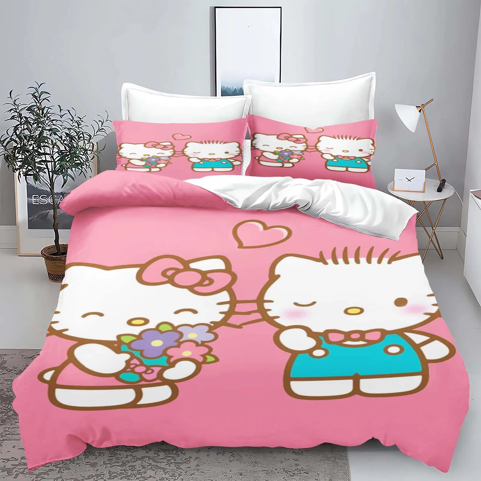 Hello Kitty Kids Bedding Set – 3-Piece Quilt Cover & 2 Pillowcases, 100% Polyester, Printed Cartoon, Multiple Sizes (Twin to King)