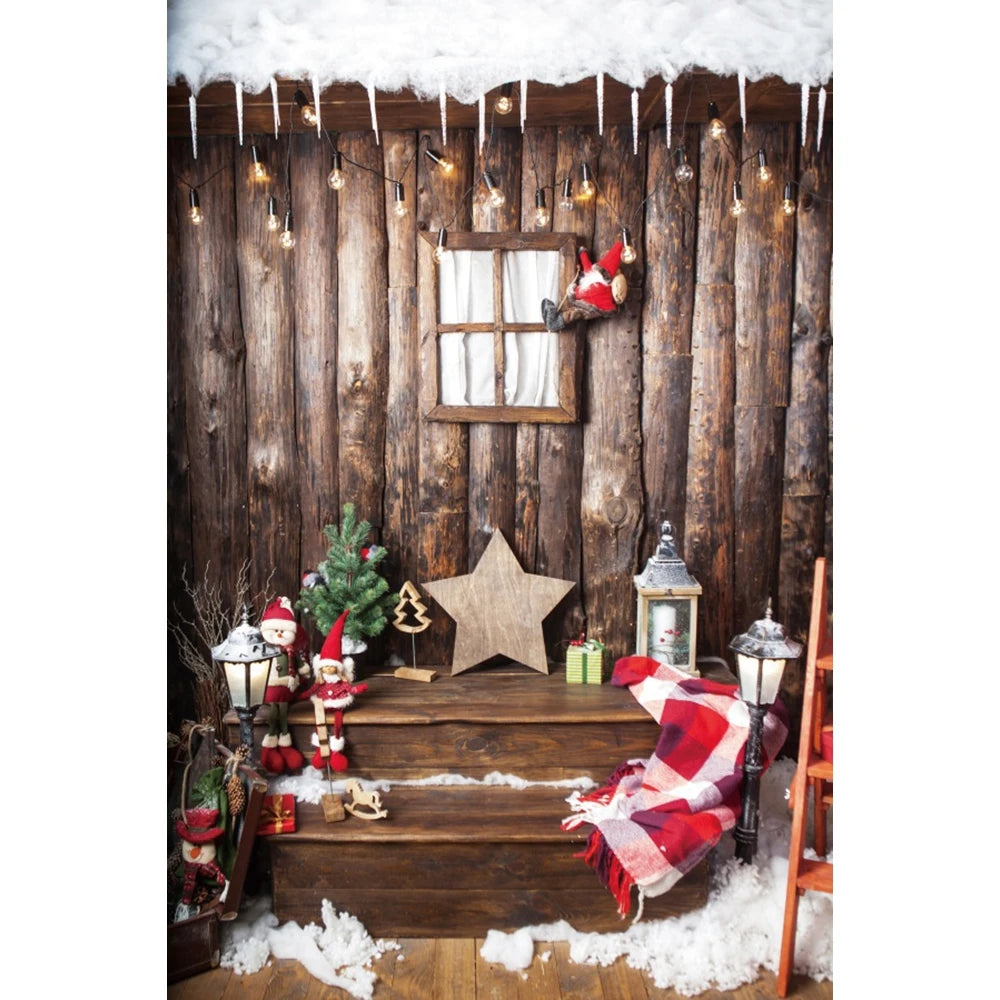 Christmas Photography Backdrop - Santa, Tree & Fireplace Winter Snow Wood Floor Portrait Background