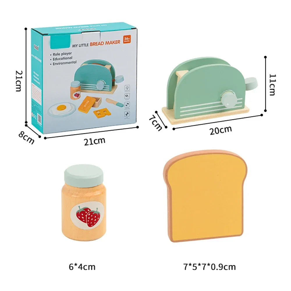 Wooden Toy Toaster Play Kitchen Set – Pretend Bread Machine Kit for Kids, Educational Breakfast Playset, Gift for Boys & Girls