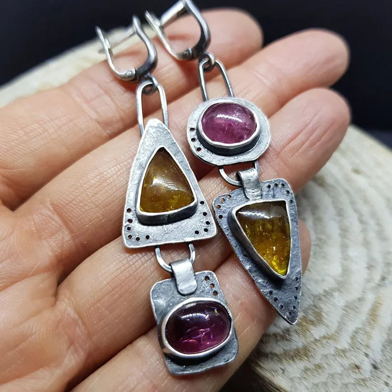 Boho Triangle Waterdrop Stone Drop Earrings - Orange Geometric Statement Earrings for Women