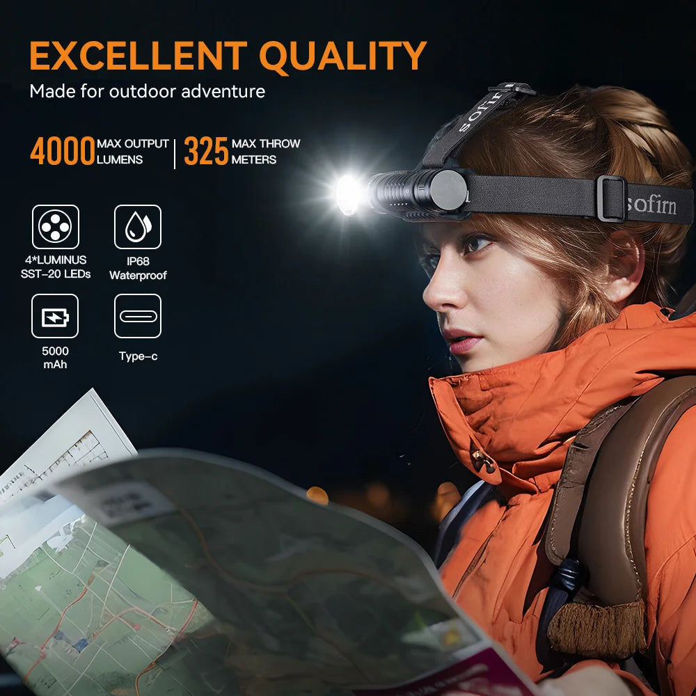 4000 Lumen Rechargeable Headlamp 21700 Battery USB-C Spotlight & Floodlight Magnetic Tail Camping Work Torch