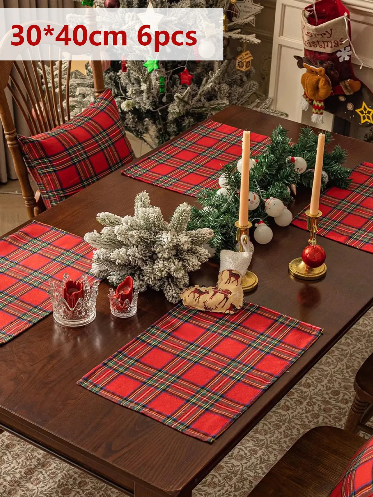 Christmas Tartan Plaid Placemats - 2/6/12 Pack Washable Table Mats for Holiday Dining & Party Decor