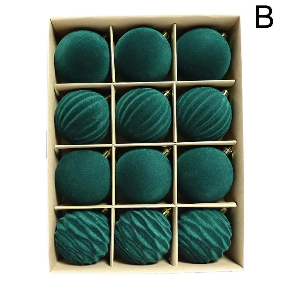 Velvet Flocked Christmas Balls 12-Pack Green Ornaments for Christmas Tree Holiday Decor