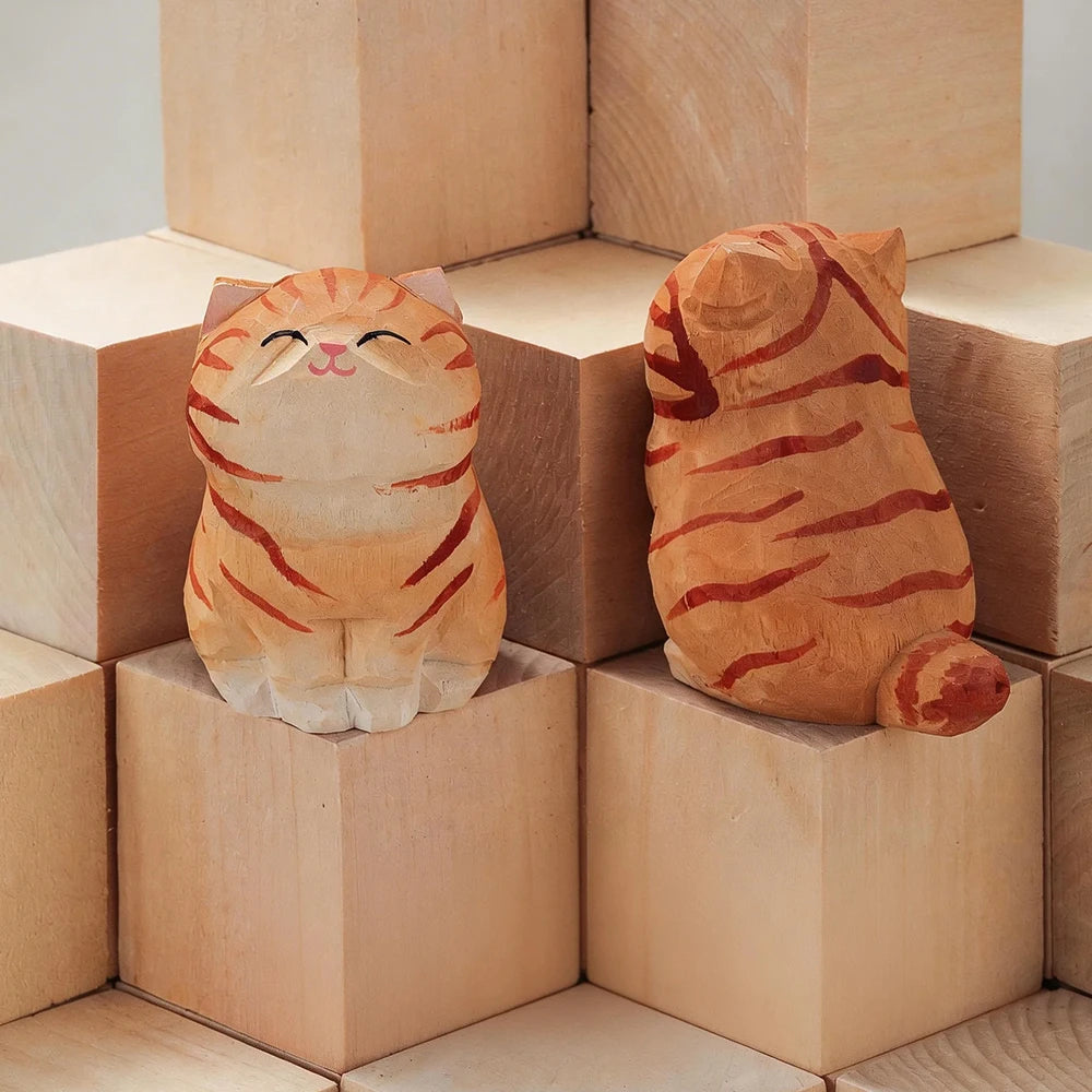 Set of 13 Hand-Carved Wooden Cat Figurines – Basswood Kitty Statues for Desk, Shelf, Car & Home Decor