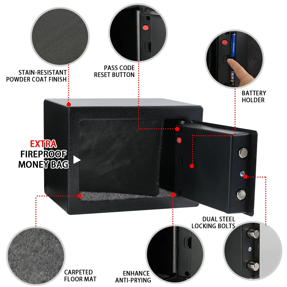 Fireproof Home Safe with Digital Keypad, Sensor Light and Adjustable Shelf - Secure Money Bag Storage