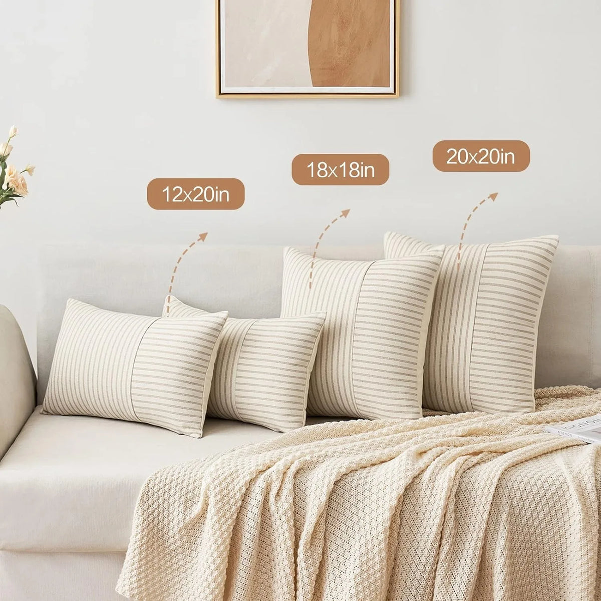 Khaki Patchwork Striped Linen Throw Pillow Cover 18 x 18 in (45 x 45 cm) Decorative Accent Cushion Case for Sofa Couch Bedroom