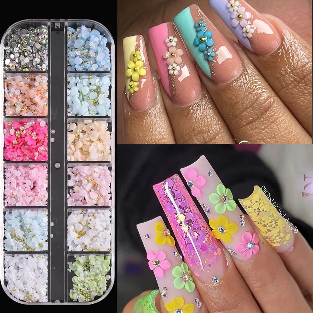 12-Grid Pink & White Nail Art Charms Set – Bows, Pearls, Rhinestones & Butterflies for DIY Manicure