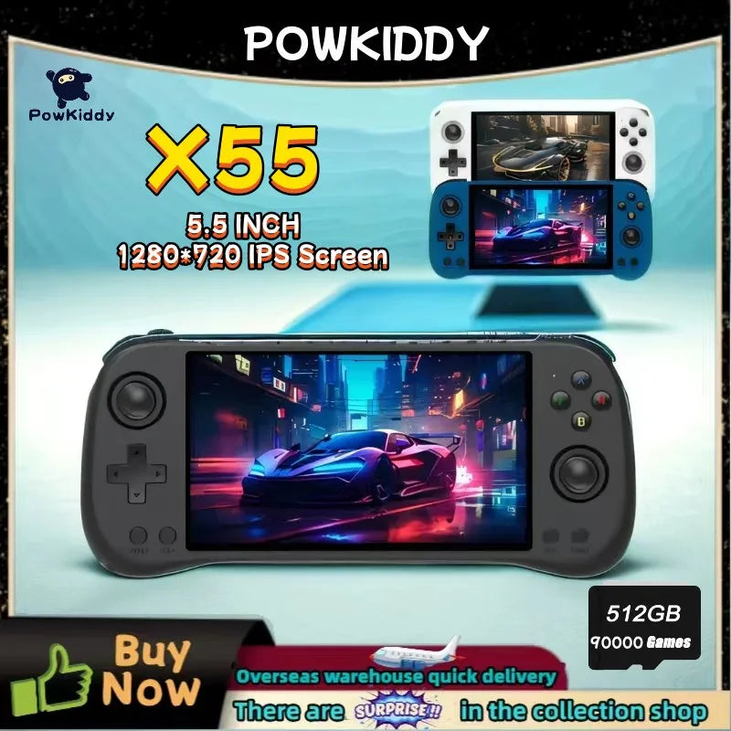 X55 5.5-Inch (14 cm) Handheld Game Console — RK3566 Open-Source Linux, 4000mAh, 1280×720 OLED, HDMI TV Out, Up to 512GB, Retro PSP/N64/PS Emulation