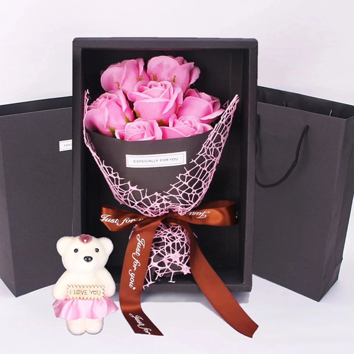 Valentine's Day 7-Piece Fragrant Soap Rose Bouquet in Gift Box - Artificial Roses for Romantic Gift & Home Decor