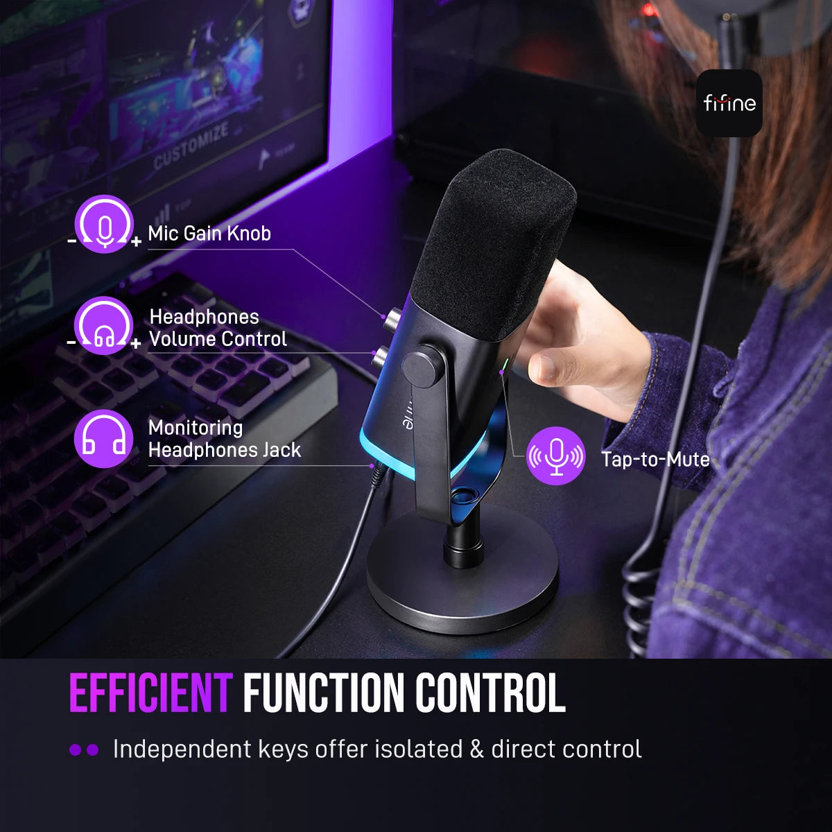USB/XLR Dynamic Gaming Microphone with RGB Lighting, Headphone Jack & Mute for PC Streaming & Recording