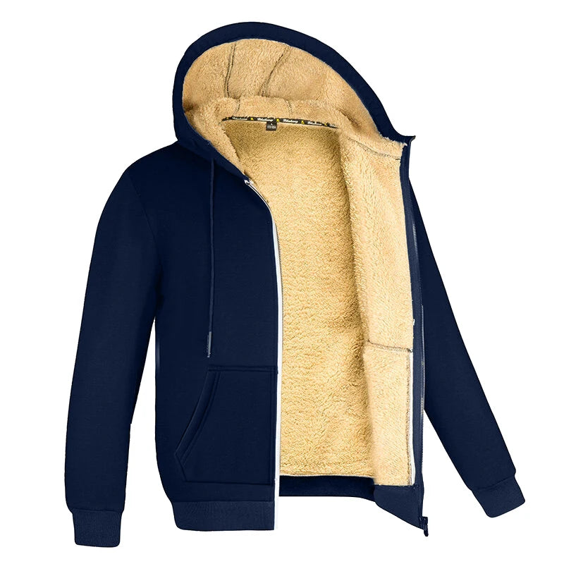 Lambswool-Lined Fleece Hooded Jacket – Thick Zip Winter Coat for Men & Women, Black