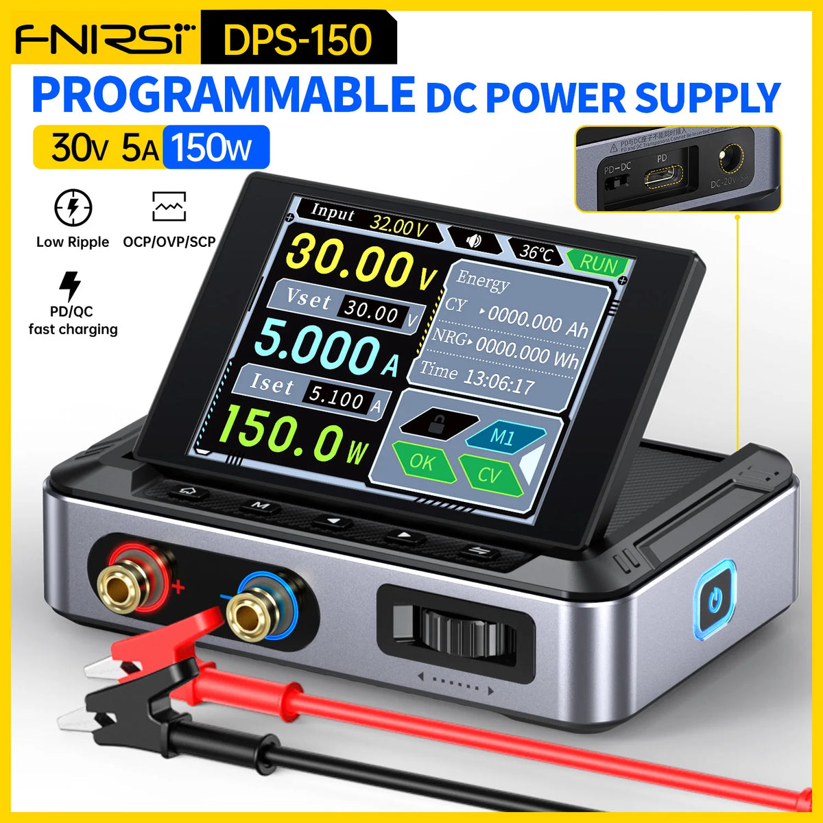 Programmable DC Power Supply 0–30V 0–5A 150W Adjustable Regulated Bench Power Supply with Type-C Input for CNC & Electronics