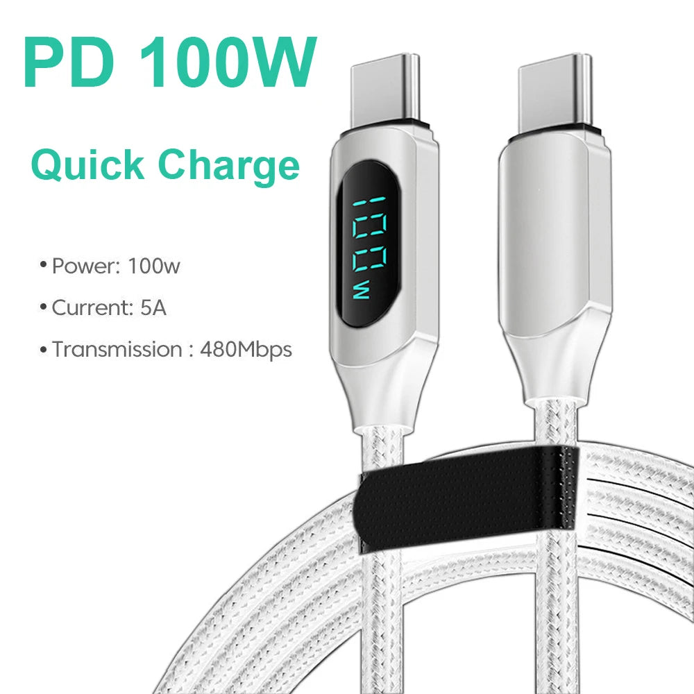 100W USB-C to USB-C PD Fast Charging Cable 1m/2m (3.3ft/6.6ft) High-Speed Data & DisplayPort Video