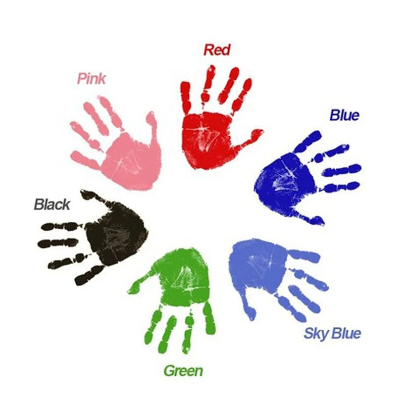 Colorful handprints in pink, red, blue, green, black, and sky blue