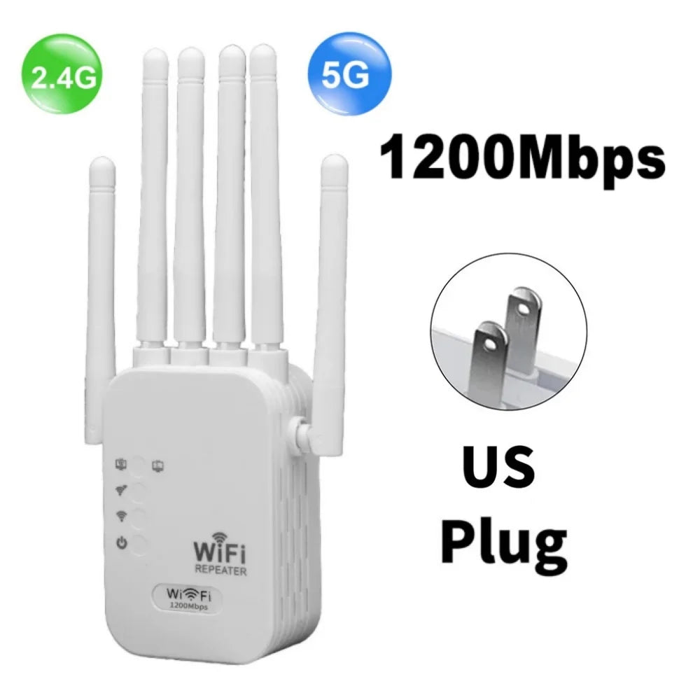 Dual Band 1200Mbps WiFi Range Extender (2.4GHz/5GHz) – 6‑Antenna Long Range Repeater with AP/Router Modes, EU/US Plug