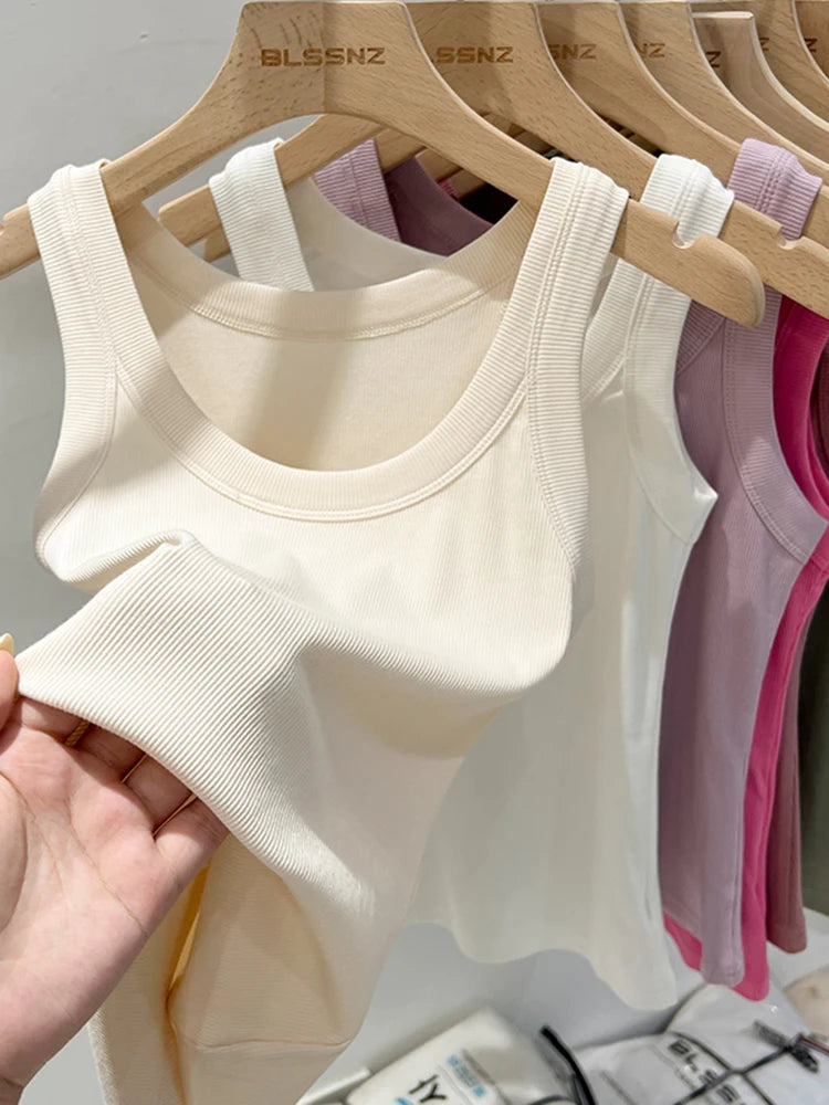 Women's Ribbed Round Neck Tank Top O-Neck Camisole Elastic Summer Basic Solid Tank
