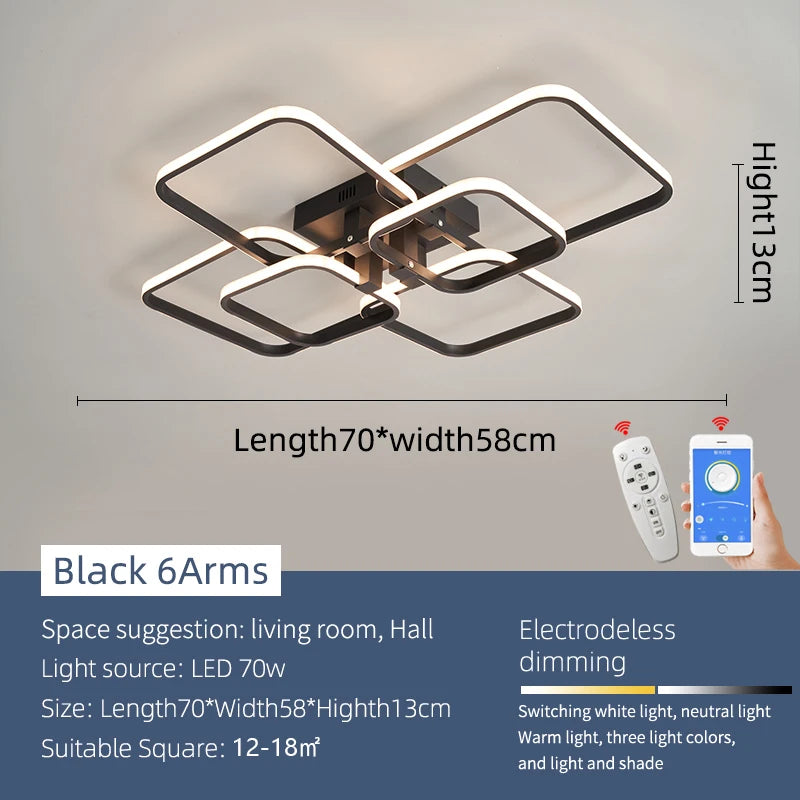Modern LED Chandelier Dimmable Remote-Control Ceiling Light for Living Room Bedroom Study – Gold or Black, AC 90–260V
