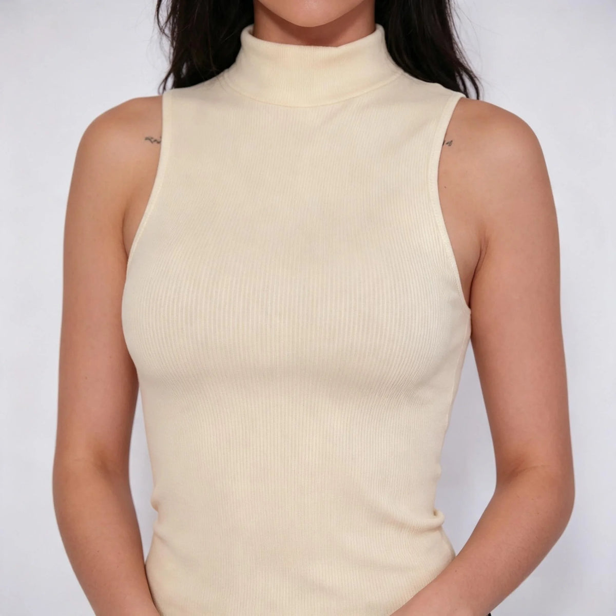 High Neck Ribbed Sleeveless Tank Top with Cutout Shoulder, Chic Women's Summer Knit