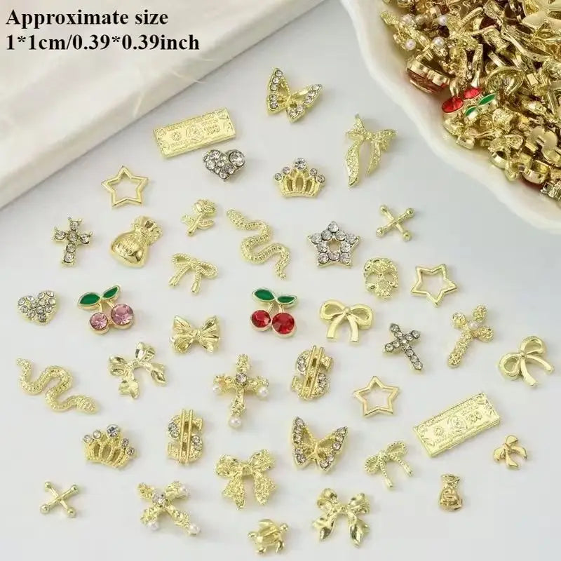 50-Pack Gold Alloy 3D Rhinestone Nail Charms – Cherry, Bow & Star Metal Nail Art Decorations for DIY Manicure