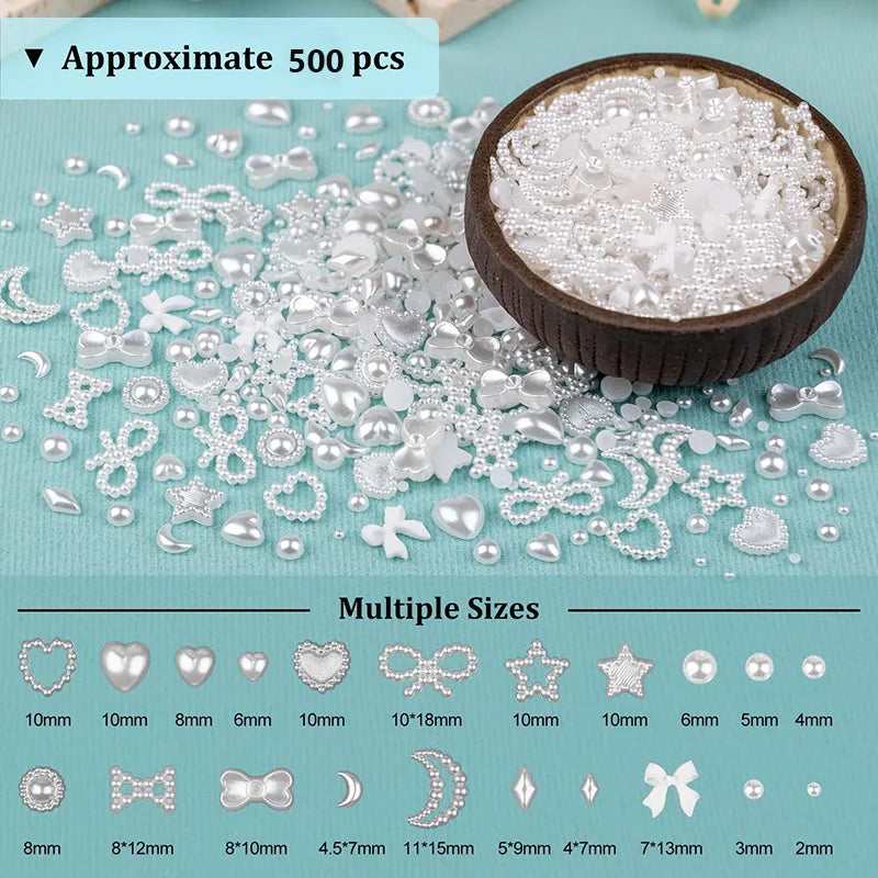 500pcs White Nail Charms & Pearls — Mixed Shapes (Heart, Bowknot, Star, Teardrop) Rhinestones for Nail Art & DIY Crafts