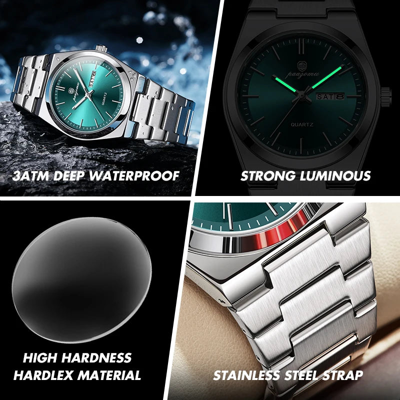 Men's Quartz Stainless Steel Watch 40-44mm Dial, 3ATM Water-Resistant Luminous Chronograph with Date