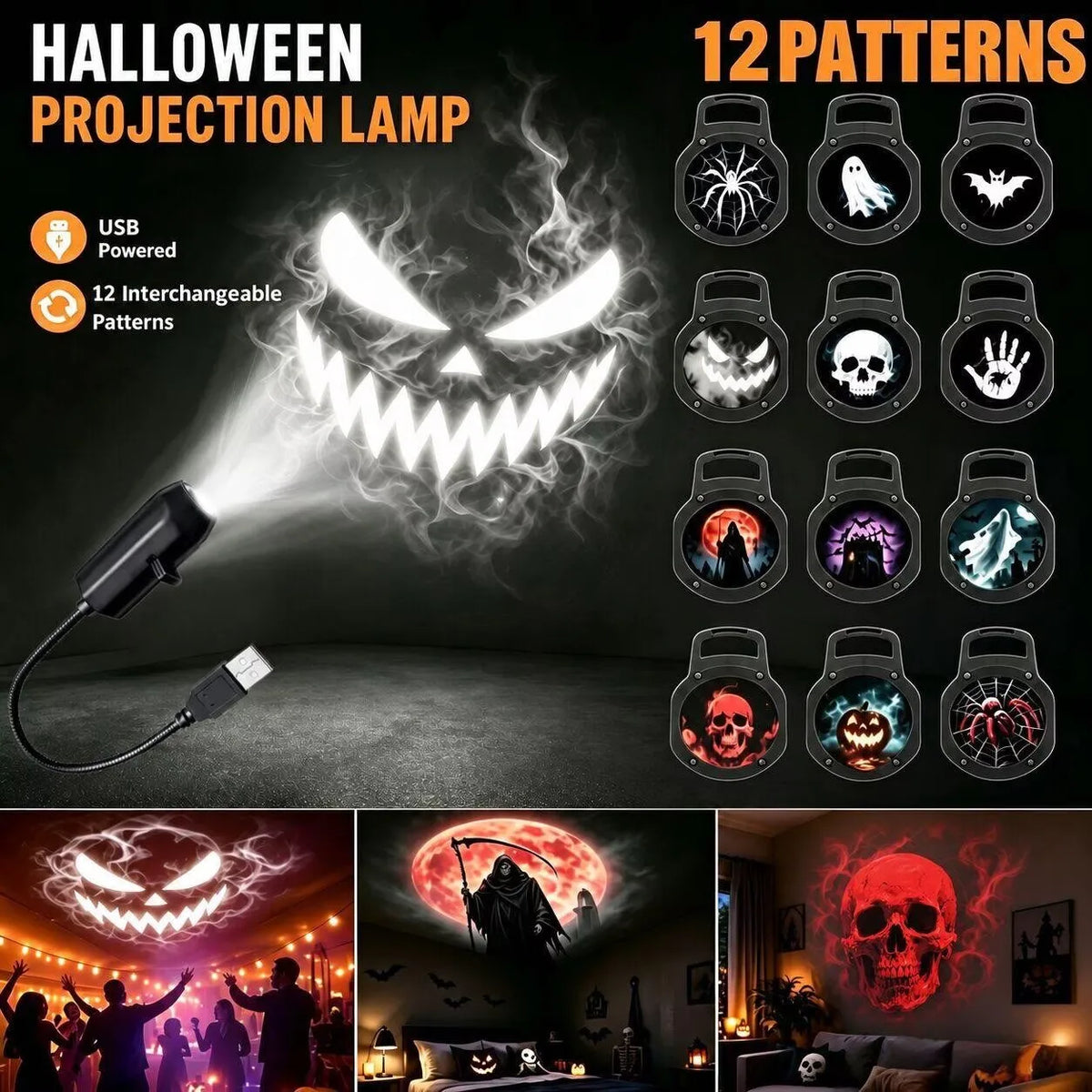 USB LED Halloween Projector Light — Switchable Ghost & Skull Night Lamp for Ceiling, Wall & Window Decor