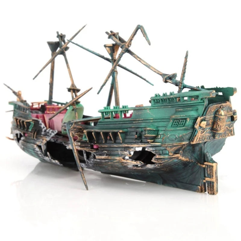 Shipwreck Boat Aquarium Ornament with Air Bubbler, 9.4 x 4.7 in (24 x 12 cm) Fish Tank Decoration