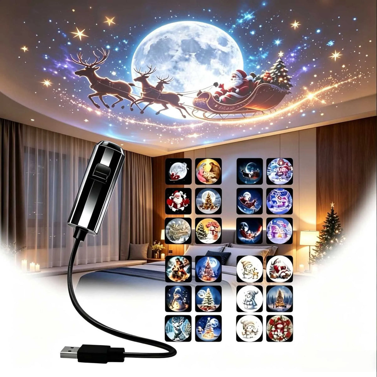Christmas LED Projector Light 3/6/24 Projection Patterns Adjustable Santa & Tree Night Light Holiday Decor
