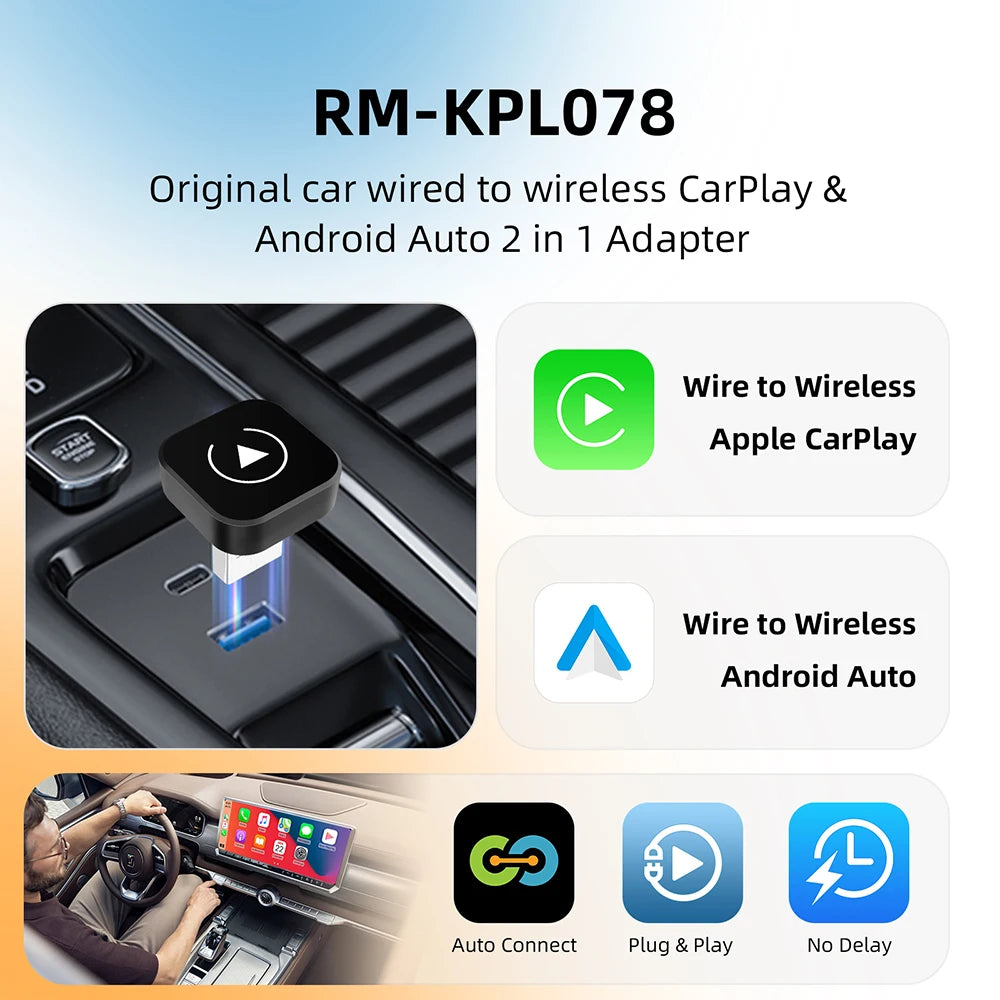Wireless CarPlay & Android Auto Adapter 2-in-1 USB 5.8GHz WiFi Convert Wired to Wireless