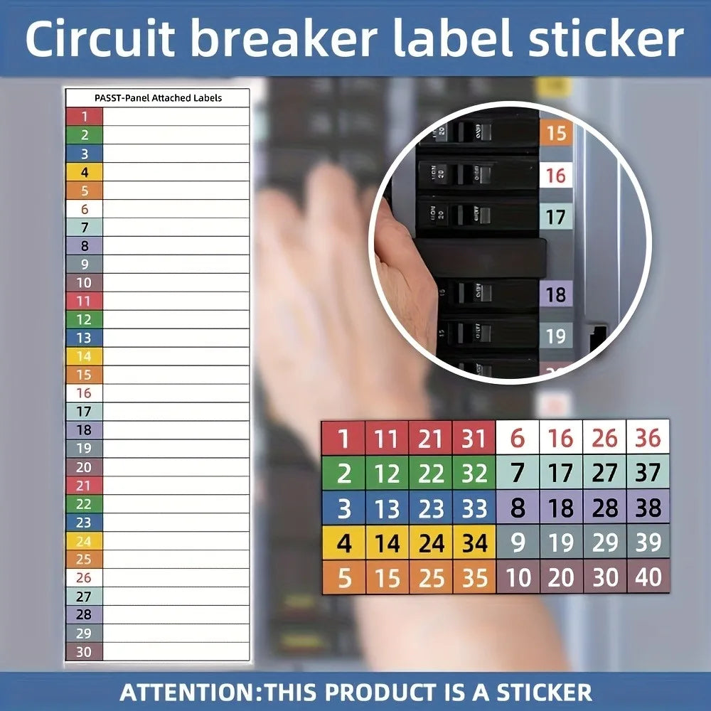 Circuit Breaker Label Kit with Marking Panel — Handwritten Electrical Panel Stickers (1–10, N, T, R, S)