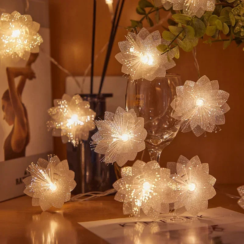 LED Flower Fiber String Lights — Warm White or Colored, 2m (6.6 ft, 10 LEDs) & 3m (9.8 ft, 20 LEDs) Battery-Powered Wedding & Christmas Home Decor