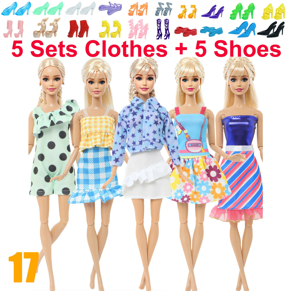 10-Piece 1/6 Scale Doll Clothes Set for 11.5–12 in (30 cm) Dolls — Dresses, Shirts, Pants & Shoes