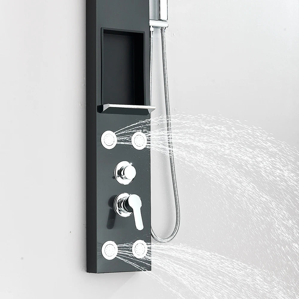 Black Shower Panel Column with Rain & Waterfall Shower Head, Massage Jets and Mixer Faucet