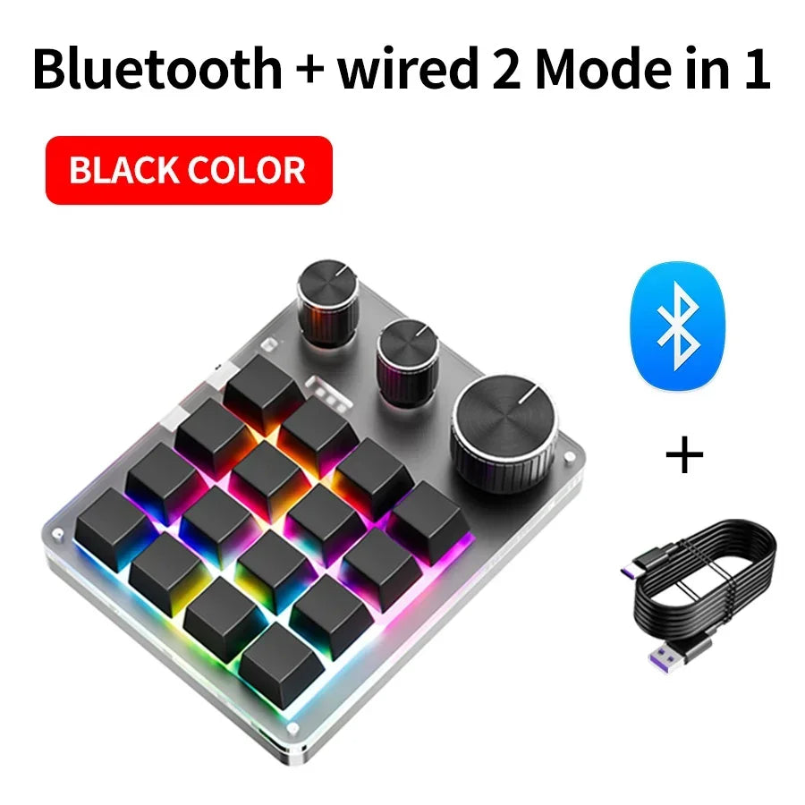 16-Key Programmable Mechanical Macro Pad with 3 Knobs, RGB Hot-Swap — USB / Bluetooth / 2.4G Wireless