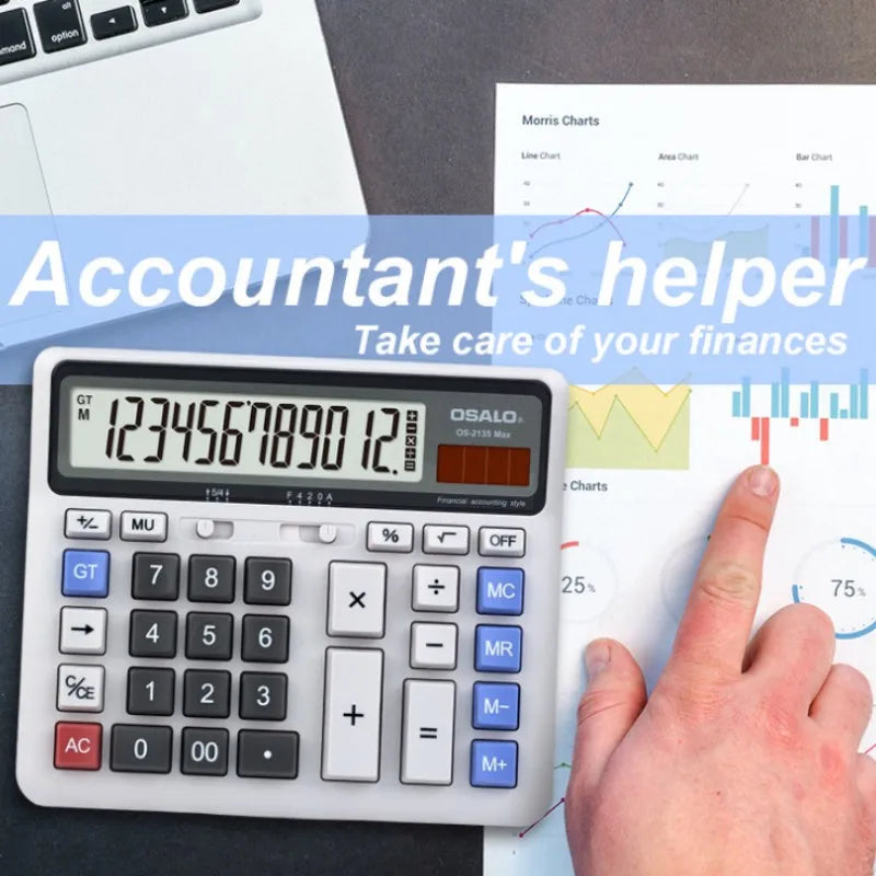 Solar 12-Digit Desktop Calculator – Dual Power (Solar + AA), Financial Office & Student Calculator with GT, Percent & Backspace