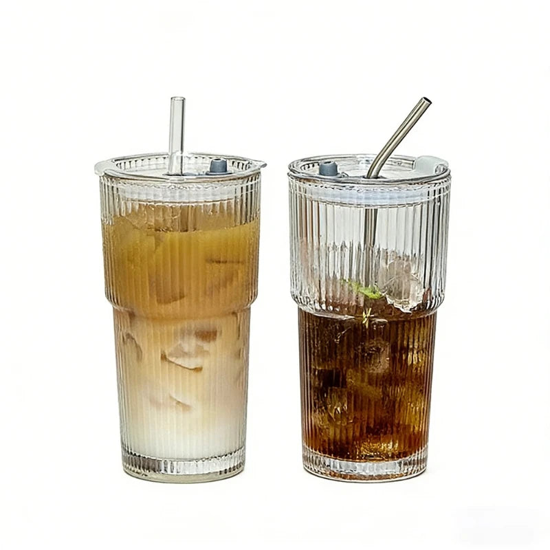Vertical Ribbed Glass Tumbler 600ml (20.3 fl oz) with Lid & Straw — High-Temperature Resistant, Leak-Proof Office Coffee Cup