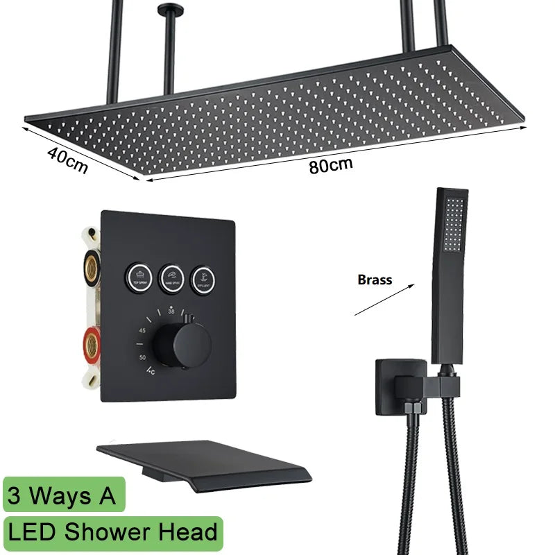 Big Black Thermostatic Ceiling-Mounted Rainfall Shower System with Hand Shower – Thermostatic Mixer Tap, 150 cm (59 in) Hose, 400+ mm (15.7+ in) Rain Head