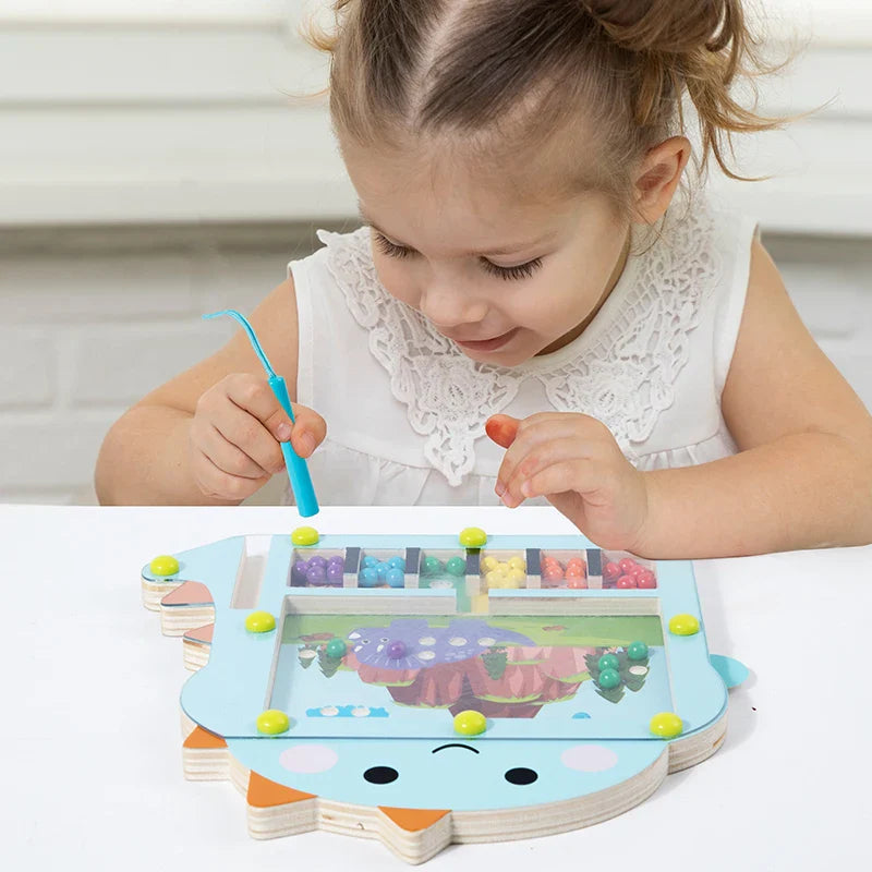 Wooden Magnetic Maze Montessori Toy Dinosaur Bead Puzzle for Kids - Fine Motor, Color Sorting & Cognitive Development