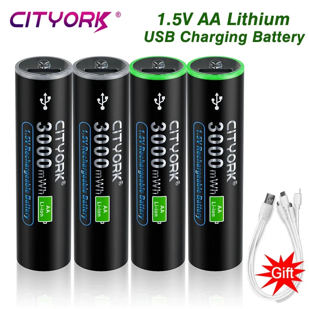 1.5V AA Rechargeable Li‑Ion Battery 3000mWh (3.0Wh) with Micro USB Fast Charging - For Remotes, Keyboards, Toys & Wireless Devices