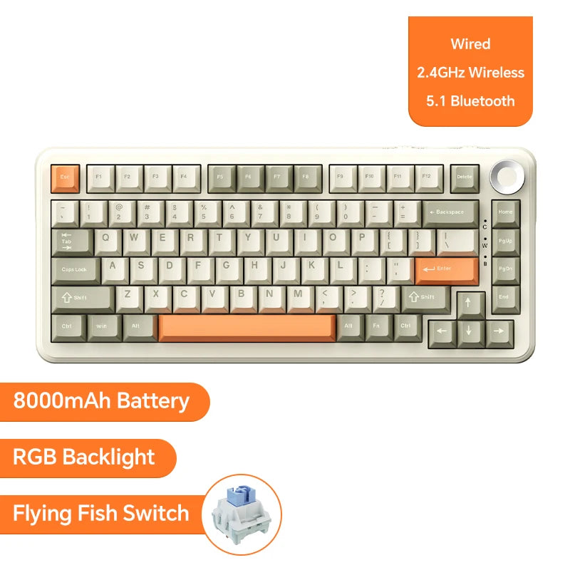 75% Hot-Swappable Mechanical Keyboard — Bluetooth 5.1, 2.4G Wireless & Wired USB-C, PBT Keycaps, RGB, Gasket Mount, Metal Volume Knob