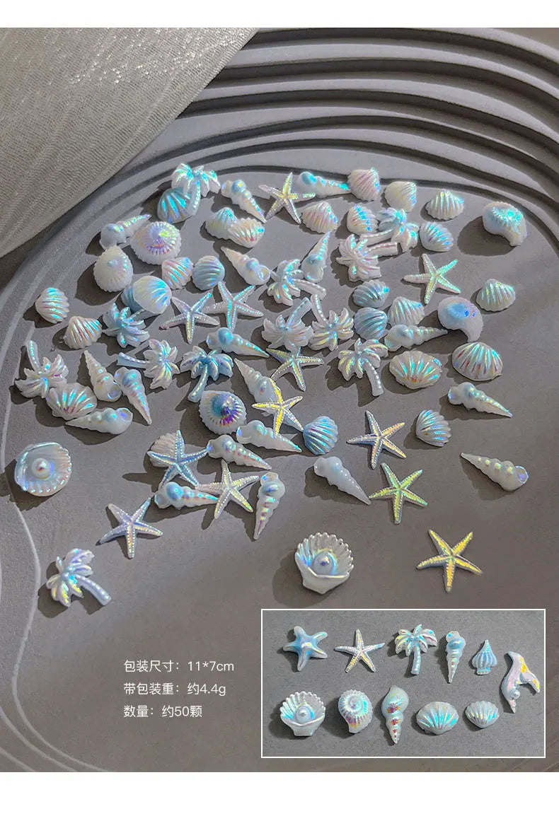 50pcs Summer Ocean 3D Nail Charms – Aurora Shell, Starfish & Fish Tail Nail Art Decorations