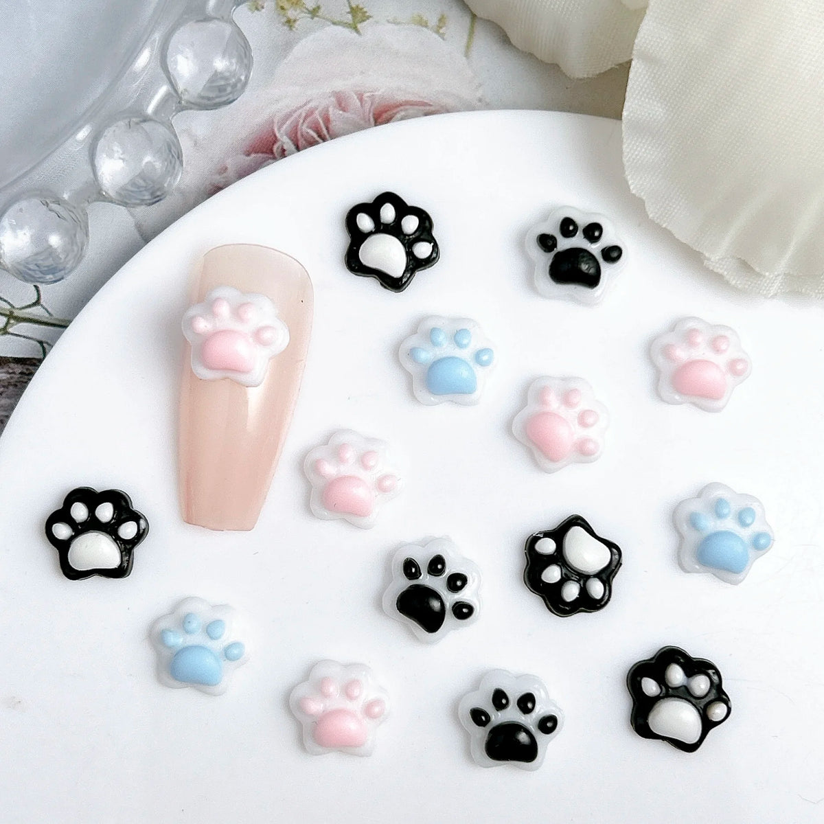 30-Pack Kawaii Puppy & Cat Paw Resin Nail Charms – Luminous Double-Color Nail Art Decorations