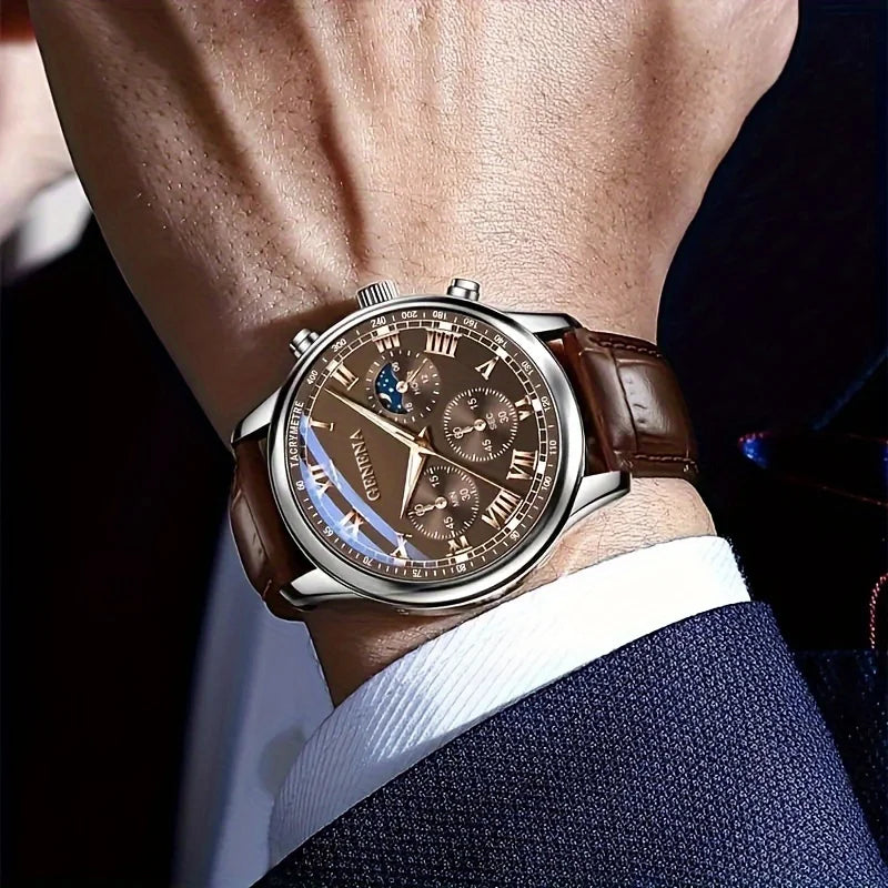 Men's Quartz Leather Strap Watch 40mm Round Alloy Case Roman Numeral Dial Buckle Clasp