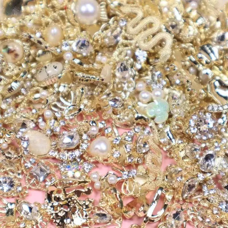 50-Pack Gold Alloy 3D Rhinestone Nail Charms – Cherry, Bow & Star Metal Nail Art Decorations for DIY Manicure