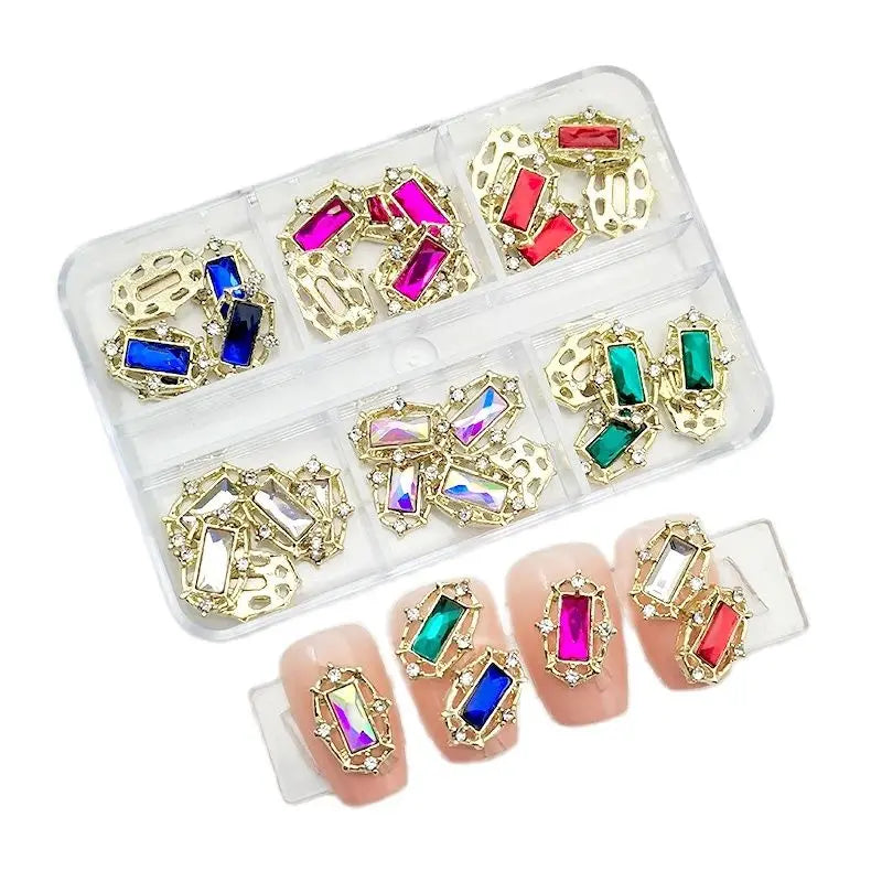 6-Grid Nail Rhinestone Kit – Saturn, Planet & Cross Crystal Nail Charms for Nail Art