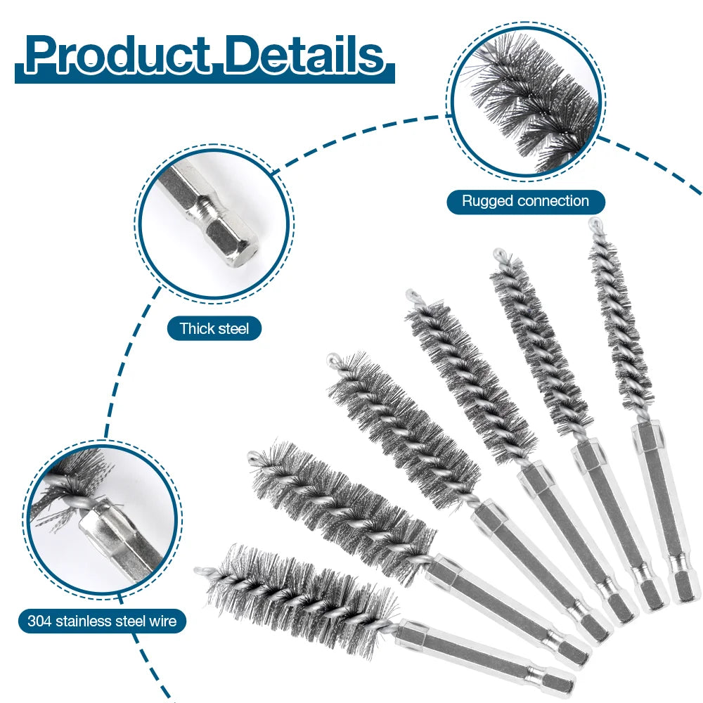 6/12-Pack Stainless Steel Drill Wire Brush Set — 1/4 in (6.35 mm) Hex Shank, 8/10/12/15/17/19 mm Bore Cleaning & Rust Removal