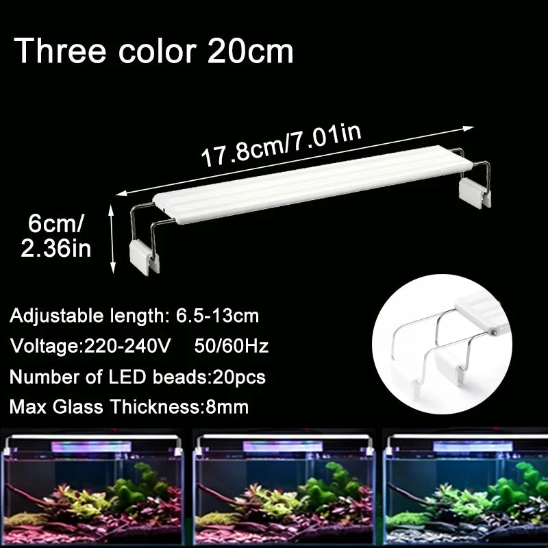 Adjustable 3-Color Full Spectrum LED Aquarium Light – Clip-On Telescopic Lamp for 18–75 cm (7–30 in) Fish Tanks