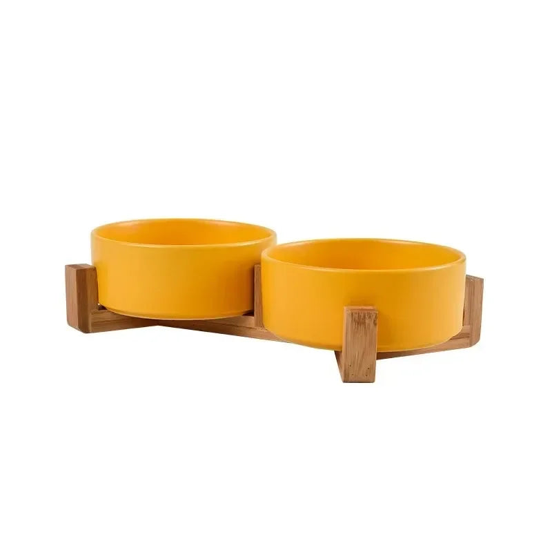 Elevated Ceramic Pet Bowl with Bamboo Wood Stand – 300ml (11cm/4.3 in) & 400ml (13cm/5.1 in) Dog & Cat Feeding Bowl