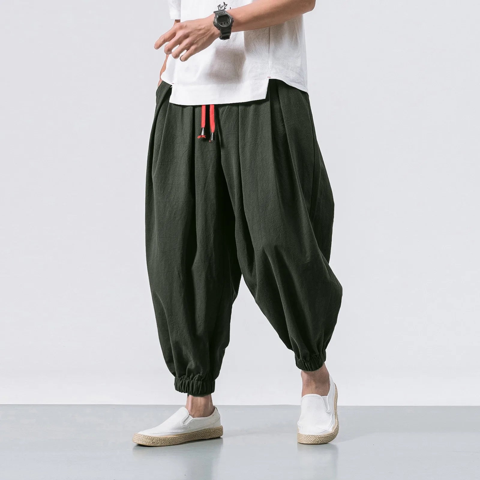 Men's Cotton Linen Wide-Leg Casual Pants – Ankle-Length Pleated Twill Trousers with Elastic Waist & Pockets